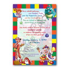 a birthday party card with clowns and clown characters on the front, in multicolored stripes