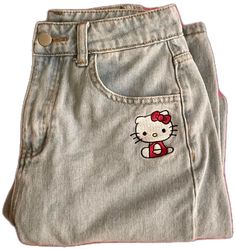 Cute High Waist Cotton Pants, Cute High Waist Denim Bottoms, Cute High Waist Pants For Spring, Cute Cotton Bottoms With Pockets, Cute High-waist Cotton Bottoms, Kawaii Style Cotton Bottoms For Summer, Kawaii Cotton Summer Bottoms, Cute High-waist Denim Blue Jeans, Kawaii Cotton Bottoms For Summer