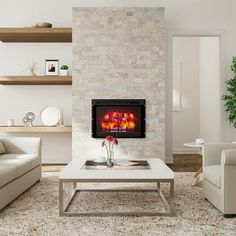 a living room filled with furniture and a fire place in the middle of the room