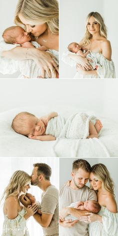 a woman and man are holding their baby in the middle of four different photos, all showing