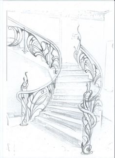 a pencil drawing of a staircase with handrails