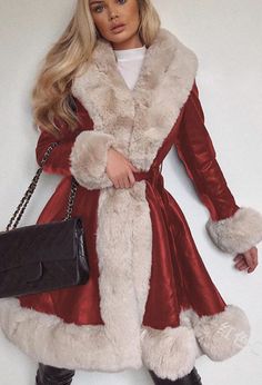 Red Leather Faux Fur Belted Long Coat Fall Outfit. It is fashionable, elegant and classy. It is good for cold weather. It is street style and trendy. The fabric is thick and fitted. It is good for young and adult women. It can be used as a blazer and dress . It is good for professional business work office look. Women Fur Coat, Coat Elegant, Mode Mantel, Winter Jacket Women, Coat With Fur, Winter Fur Coats, Winter Fashion Outfits Casual, Elegant Coats, Outwear Women