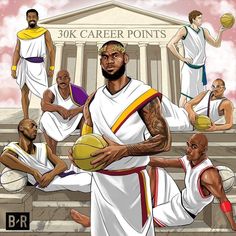 a drawing of a man holding a basketball in front of some men sitting on the steps