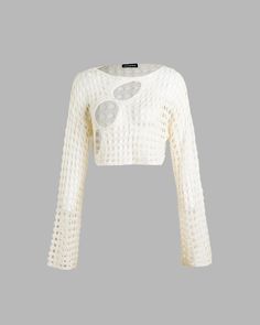 Model (WearingXS):• Height: 171cm | Bust: 83cm | Waist: 59cm | Hips: 89cmDetails: Long-sleeve crochet top with see-through design andround cut-outsTop Length: CroppedSleeve Length: Long SleevesMaterials:100% Acrylic Chic White Cropped Sweater For Summer, Spring Hollow Out Beige Top, Beige Hollow Out Top For Spring, Spring Beige Hollow Out Top, Spring Textured Knit Long Sleeve Crop Top, Chic Long Sleeve Open Knit Crochet Top, Spring Cropped Tops With Hollow Out Details, Cropped Hollow-out Tops For Spring, Cropped Hollow Out Top For Spring