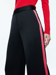 Dylan High Rise Wide Leg Pant With Racing Stripe Detail In Black/bright Ruby Contrast Stripes Bottoms For Workwear, Chic Pants With Contrast Stripes, Chic Trousers With Contrast Stripes, Wide Leg Bottoms With Contrast Trim For Work, Black Wide Leg Pants With Contrast Stripes, Black Wide-leg Pants With Contrast Stripes, Spring Wide Leg Bottoms With Contrast Trim, Straight Leg Bottoms With Contrast Trim For Work, Workwear Straight Leg Bottoms With Contrast Trim