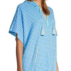 New With Tags Women's Terry V-Neck Short Sleeve Hooded Swim Cover-Up Dress With Pocket. Paradise Aqua Gingham Is The Name Of The Color. Item #5220558k8 Soft, Absorbent Cotton-Blend Terrycloth Fabric Classic, Split Neckline Handy Kangaroo Style Front Pocket Drawstring With Fun Tassel Detail Flattering Mid-Thigh Length S/M Fits Size 6-12, L/Xl Fits Size 14-18 80% Cotton/20% Polyester. Machine Wash. Imported A Cover-Up And So Much More Plush, Terrycloth Creates An Absolute Must-Have In This Coverup Spring Blue Tops With Side Pockets, Sheer Kimono, Swim Cover Up Dress, Beach Coverup Dress, Hooded Dress, Swim Cover, Floral Sleeveless, Swimsuit Cover, Swim Dress