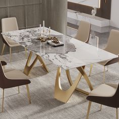 a marble dining table surrounded by beige chairs