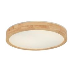 a wooden ceiling light with white glass