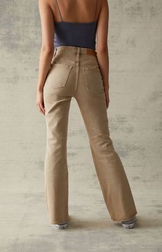 PacSun Beige Stretch High Waisted Bootcut Jeans | PacSun Tan Jeans Outfit, Bootcut Pants Outfit, High Waisted Bootcut Jeans, Brown Denim Pants, Jean Top Outfits, Jeans Pacsun, Tan Jeans, Beige Jeans, Jeans Beige