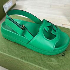 Questions? Leave A Comment Below! Gucci Designer Slingback Sandals, Designer Gucci Slingback Sandals, Luxury Gucci Slingback Sandals, Gucci Leather Slingback Sandals, Green Flat Gucci Sandals, Gucci Green Flat Sandals, Gucci Calf Leather Sandals With Heel Strap, Gucci Green Sandals With Branded Insole, Gucci Green Summer Sandals