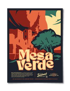 a poster with the words messa verde and trees in front of an orange sky