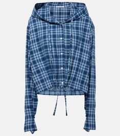 Sip flannel cotton shirt in blue - Acne Studios | Mytheresa Hooded Cotton Top With Button Closure, Winter Cotton Shirt With Button Cuffs, Plaid Cotton Hooded Top, Plaid Hooded Cotton Top, Plaid Cotton Tops With Button Cuffs, Hooded Plaid Cotton Top, Cotton Tops With Button Cuffs For Winter, Blue Cotton Shirt, Cotton Shirts Women