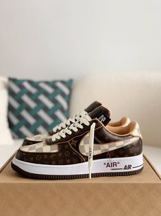 Step into iconic style with these statement-making sneakers, channeling the legendary Louis Vuitton x Nike Air Force 1 collaboration. The luxurious brown leather upper, adorned with the signature Louis Vuitton monogram, exudes sophistication and streetwear cool. Off-White™-inspired details like the quoted "AIR" branding and "LACET" tag add a contemporary edge. Embrace the fusion of high-fashion and sneaker culture with these coveted kicks. Bottega Veneta Shoulder Bag, Loafer Sneakers, Air Force 1 Low, Custom Bags, Nike Air Force 1, Brunei, Air Force 1, Urban Fashion, Sneaker Boots