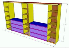 a drawing of a bookcase with shelves and drawers in the bottom section, along with measurements for each shelf