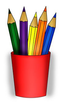 colored pencils in a red cup on a white background