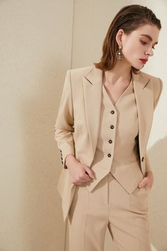 Khaki Three pcs Elegant Blazer, Vest Business PantSuit - FashionByTeresa 3 Piece Suit Women, Womens 3 Piece Suit, Womens Business Pants, Female Suits, Bond Style, Khaki Vest, Khaki Blazer, Color Dresses, Beige Suits