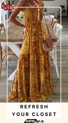 Celeste Boho Printed Strap Elastic Waist Maxi Dresses Boho Print Dress, Maxi Skirt Boho, Dresses By Length, Dress Boho, Boho Print, Long Maxi Dress, Women's Fashion Dresses, Boho Outfits, Boho Dress