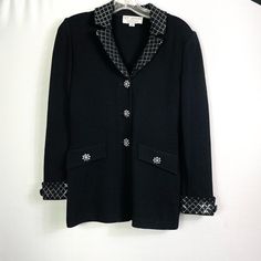 St. John Evening Jacket Embellished With Hundreds Of Silver Micro Sequins On The Collar, Lapels And Cuffs In A Crisp Geometric Pattern And Gorgeous Rhinestone Three Inch Wide Buttons That Close The Jacket. These Same Buttons Are Set At The Cuff And Each Faux Pocket Flap On The Bodice. The Bodice Is Shaped Without Darts And The Shoulders Are Padded. Excellent Condition Long Sleeve Blazer With Rhinestones For Work, Winter Embellished Blazer For Workwear, Winter Workwear Embellished Blazer, Formal Rhinestoned Long Sleeve Outerwear, Formal Long Sleeve Outerwear With Rhinestones, Formal Rhinestone Outerwear With Long Sleeves, Elegant Outerwear With Embellished Collar For Work, Elegant Winter Blazer With Rhinestones, Elegant Rhinestone Blazer For Winter