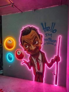 there is a neon sign with a man holding a stick in front of it that says hello mr bean