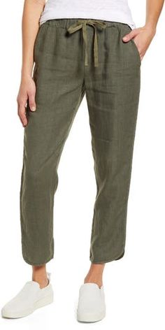 Caslon® Track Style Linen Pants | Nordstrom Striped Linen Pants Outfit, Olive Linen Pants, Style Linen Pants, Olive Green Pants Outfit, Travel Capsule Wardrobe Summer, Green Pants Outfit, Green Beetle, Linen Pants Outfit, Casual Linen Pants