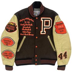 "Whitesville Varsity Jacket 1988-1989 Prescott Flying Alligators. Wool body, leather sleeves and quilted lining. Size 38 / M. Pit to pit 22\". Length 24\". Light scuffing on leather sleeves." Letterman Jacket Ideas, Vintage Varsity Jacket, Leather Varsity Jackets, Vintage Varsity, Mens Outdoor Jackets, Racer Jacket, Cool Outfits For Men, Letterman Jacket, Leather Sleeve