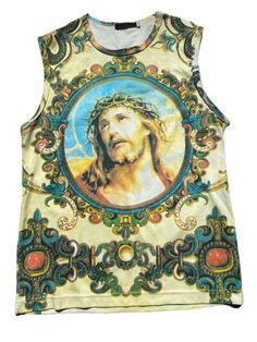 A super unique vintage early 00's graphic print tank top. Featuring Jesus Christ on the front set in a mirror. This top speaks for itself!! The detail is amazing. The design is on the front and back so you will definitely create a statement!! The ultimate Pinterest top. Measurements: The length is 64cm and the waist is 90cm. Size L Condition: In good vintage condition. Stitch on the bottom has slightly come undone and on the neckline. (Please see last two photos). Can be repaired at your local s Vintage Sleeveless Printed Tops, Sleeveless Top With Vintage Print For Summer, Sleeveless Vintage Print Tops For Summer, Vintage Sleeveless Tank Top With Graphic Print, Christ Shirts, Graphic Print Top, Come Undone, Jesus Christus, Printed Tank Tops