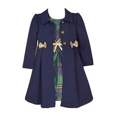 Navy textured knit coat with front bows over slvls plaid dress with bow trim # Pieces In Set: 2Included: 1 Jacket(s)2nd Piece Description: Jacket2nd Piece Closure Type: Button2nd Piece Sleeve Length: Long Sleeves2nd Piece Fabric: Knit2nd Piece Fiber Content: 98% Polyester, 2% Spandex2nd Piece Care: Line Dry, Machine WashClosure Type: ZipperNeckline: Round NeckSleeve Length: SleevelessDress Length: Knee LengthFiber Content: 77% Polyester, 23% MetallicFabric Description: TaffetaLining Material: Po