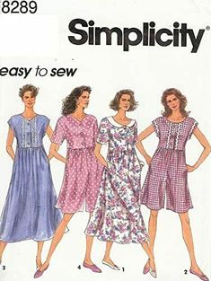 three women's dresses and one woman's dress are shown in this pattern