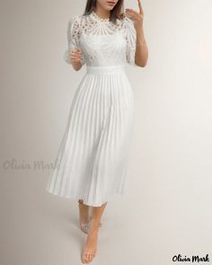 Olivia Mark - Pleated Midi Dress with Eyelet Embroidered Sleeve Details Embroidered A-line Midi Dress For Wedding, White Pleated Midi Dress With Short Sleeves, Fitted Midi Dress With Lace Top For Wedding, Spring A-line Midi Dress With Lace Sleeves, Spring Banquet Dress With Lace Trim, White Lace Trim Dress For Banquet, Wedding Fitted Midi Dress With Lace Collar, Wedding Midi Dress With Lace Collar And Fitted Style, Wedding Midi Dress With Lace Collar