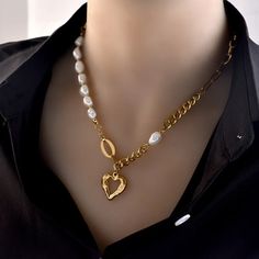 Length: 17 In 43cm Heart Sie: 20mm Base Metal: Real Stainless Steel With 18k Gold Plating Elegant Heart Pendant Necklace For Mother's Day, Elegant Heart Shaped Chain Necklace For Mother's Day, Valentine's Day Metal Necklace With Pearl Chain, Elegant Gold Plated Heart Necklace With Chain, Elegant Metal Chain Necklace For Valentine's Day, Elegant Chain Necklace For Valentine's Day, Elegant White Chain Necklace For Valentine's Day, Elegant Valentine's Day Necklace With Chain, Elegant Valentine's Day Chain Necklace