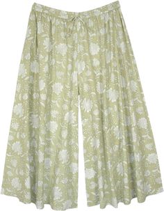 A white floral printed cotton palazzo pants with a light green colored base.  These wide-leg cotton pants are wide legged for an extra-flowy look that gives you a cool summer vibe. #tlb #SplitSkirtsPants #XLPlus #Printed #plussizecottonpants #plussizehippieclothing Full Length Floral Print Wide Leg Pants For Summer, Green Wide Leg Pants For Spring Vacation, Summer Floral Print Wide Leg Pants, White Bohemian Wide Leg Pants With Elastic Waistband, Bohemian White Wide Leg Pants With Elastic Waistband, Green Floral Print Wide-leg Pants, Green Floral Print Full-length Bottoms, Spring Green Floral Print Wide Leg Pants, Green Cotton Wide Leg Pants With Elastic Waistband