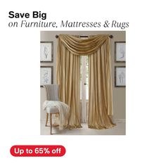 a chair and window with the words save big on furniture, mattresses & rugs up to 65 % off