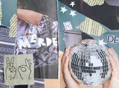 a person holding a disco ball in front of a collage of words and pictures