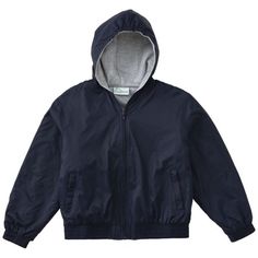 A Hooded Bomber jacket in nylon, fully lined with fleece knit. This jacket has a front zip closure, two zippered front pockets and one inside chest pocket. This also features a reflective zipper pull and elasticized cuffs. Size: M.  Color: Blue.  Gender: unisex.  Age Group: kids. Blue Hooded Jacket With Zipper For Outdoor, Outdoor Blue Hooded Jacket With Zipper Closure, Hooded Nylon Track Jacket With Zipper, Hooded Blue Outerwear For School, Solid Hooded Track Jacket With Zipper Closure, Hooded Outerwear For School, Solid Outerwear With Fleece Lining For Sports, Hooded Nylon Fleece Jacket With Pockets, Hooded Windbreaker With Zip Fly For Outdoor Activities