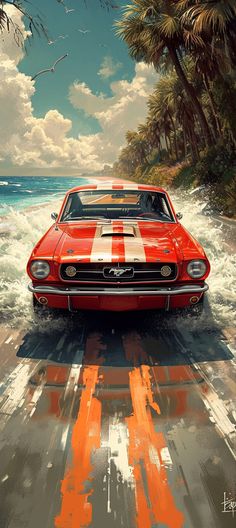 an orange and white mustang driving down a road next to the ocean with palm trees