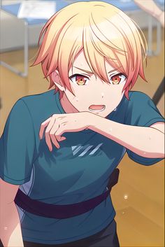 an anime character with blonde hair wearing a blue t - shirt and looking at the camera