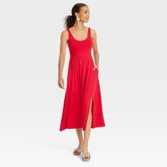 Solid Stretch Dresses With Side Slits, Fitted Longline Midi Dress For Summer, Stretch Sundress In Midi Length, Stretch Midi Length Sundress, Stretch Sundress Midi Dress, Stretch Midi Dress For Summer Day Out, Spring Chic Scoop Neck Maxi Dress, Longline Midi Dress For Summer, Chic Spring Maxi Dress With Scoop Neck