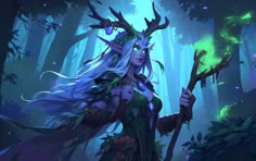 a woman with long hair and horns holding a staff in a forest filled with trees