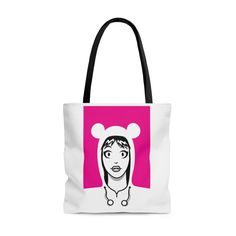 Set out on your day with your new favorite tote. This is a practical, high-quality Tote Bag. A vibrant pop of pink and an eye catching illustrated design of a girl in a polar bear hoodie provides a sharp look whether at the beach or out in town. Transport your goodies in style. Made from reliable materials, lasting for seasons. .: 100% Polyester .: Boxed corners .: Black inner stitching, transparent thread on hems. .: Black cotton handles .: With non-woven laminate inside  Care Instructions: .: Casual Pink Bag With Cartoon Print, Pink Bags With Cartoon Print For Daily Use, Pink Cartoon Print Bag For Everyday Use, Trendy White Shoulder Bag With Graphic Print, Trendy White Bag With Cartoon Print, Everyday Bags With Graphic Print, White Graphic Print Shoulder Bag For Everyday, Pink Graphic Print Tote Bag, Trendy Pink Bags With Graphic Print