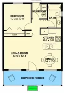 the floor plan for a small house with two bedroom and living room, including an attached bathroom