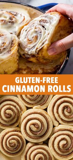 gluten - free cinnamon rolls in a pan with text overlay