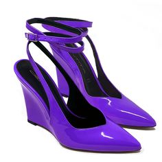 Slingback décolleté with pointed toe in fluo patent leather with adjustable strap and 100mm wedge     Upper: Patent     Interior: Leather     Heel type: Wedge     Leather sole     Fit: regular     Closure: with adjustable strap by buckle    Protective bags    Handcrafted women's footwear 100% Made in Italy Purple Paint, High Wedges, Slingback Pump, Pump Sandals, Lace Boots, Made In, Nice Shoes, Leather Heels, Patent Leather