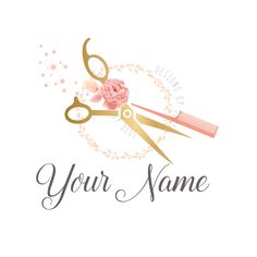 a pair of scissors with pink flowers on it and the words your name written in cursive writing