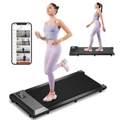 a woman is running on a treadmill with an app showing her body and phone