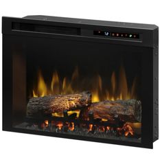 an electric fireplace with logs and flames