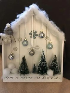 a christmas card with ornaments hanging from it's sides and the words home is where the heart is