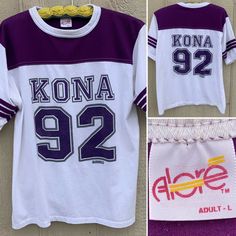 vintage Kona 92 Hawaii jersey style color block ringer t-shirt adult L Alore. Single stitch hem. Made in USA. Size Adult L See pics 9, 10, 11 and 12 for laying flat measurements. Could be worn by anyone (depending on your style) if the measurements work for you. Graphics on front and on back. All pics are of the same one tee buyer will receive. See all 12 pics for details & enlarge each pic for a closer look. Any wear, fading/discoloration, spots/stains/soiling (see pic 8 which points out an White Throwback T-shirt For College, Retro Color Block T-shirt For Streetwear, 90s Style White T-shirt For College, 90s Style White T-shirt, White Retro T-shirt For Sports Season, Retro White T-shirt For Sports Season, Jersey Style, Graphic Tees Vintage, Concert Tees