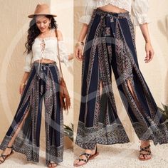 Pre Order 100% Rayon Split Leg Print Wide Leg Pants Bohemian Ankle-length Pants For Day Out, Black Bohemian Straight Pants, Bohemian Style Black Straight Pants, Bohemian Black Straight Pants, Black Bohemian Pants For Vacation, Bohemian Black Pants For Vacation, Split Leg Pants Outfit, Print Wide Leg Pants, Leg Pants Outfit