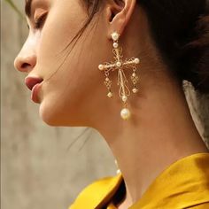 Baroque Pearl Drop Long Cross Earrings Cross Pearl Earrings, Pearl Cross Earrings, White Crosses, Earrings Wedding, Cross Earrings, Cross Jewelry, Private Label, Earrings Color, Pearl Drop