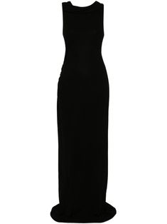 black crepe texture draped collar sleeveless ruched detailing draped back internal logo tag unlined long length straight hem Sleeveless Sleek Maxi Dress With Flattering Silhouette, Fitted Maxi Dress With Side Slits And Pre-draped Style, Sleek Sleeveless Maxi Dress With Flattering Silhouette, Sleeveless Pre-draped Evening Maxi Dress, Sleek Sleeveless Bias-cut Evening Dress, Sleek Sleeveless Bias Cut Evening Dress, Elegant Bodycon Maxi Dress With Ruched Back, Sleeveless Evening Dress With Ruched Back, Formal Maxi Dress With Ruched Back